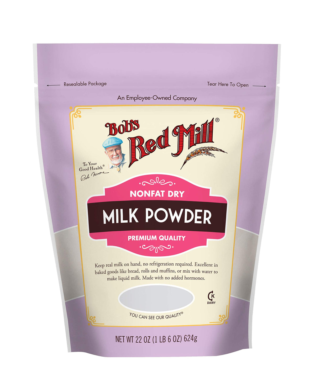 Bob's Red Mill non-fat dry milk powder 22oz pack shot for versatile drinking and baking.