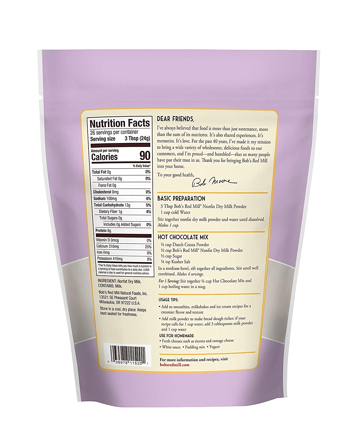 Bob's Red Mill milk powder reconstitutes in cold water for smooth milk.