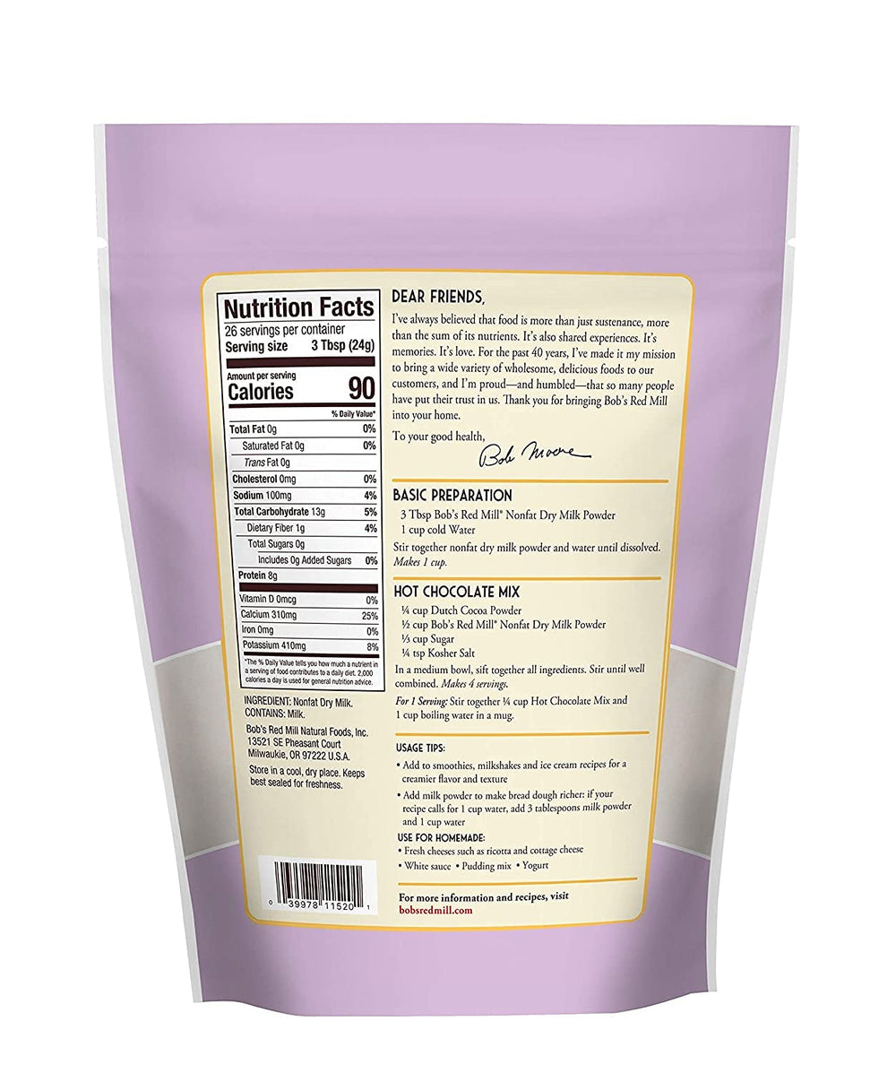 Bob's Red Mill milk powder reconstitutes in cold water for smooth milk.