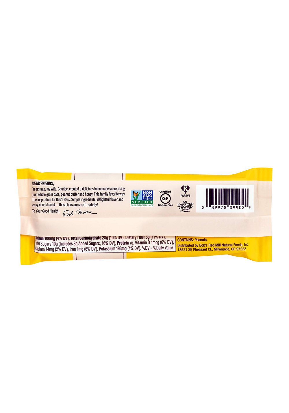 Non-GMO badge on Bob's Red Mill bar packaging