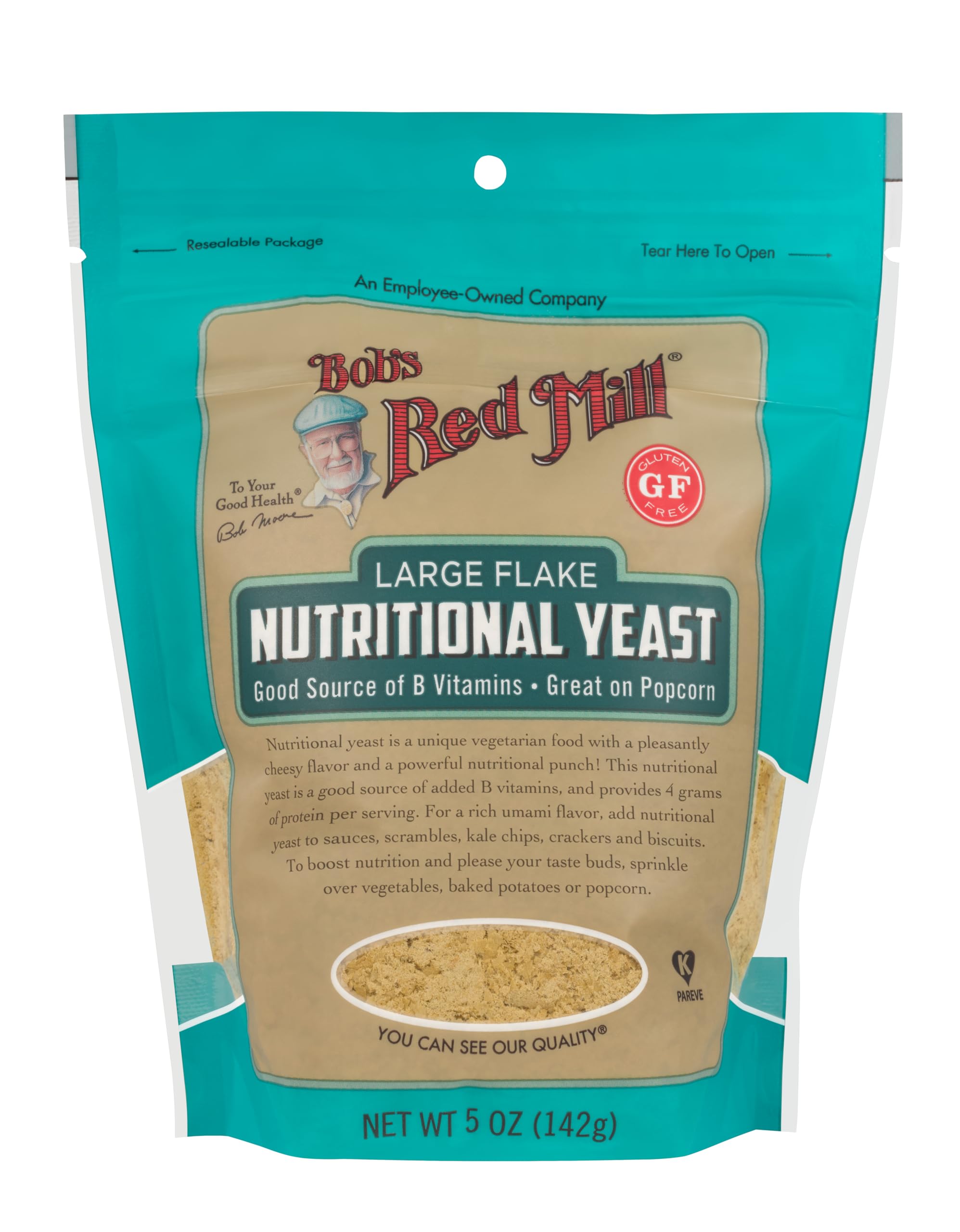 Bob's Red Mill nutritional yeast cheesy texture flakes ideal for vegan toppings