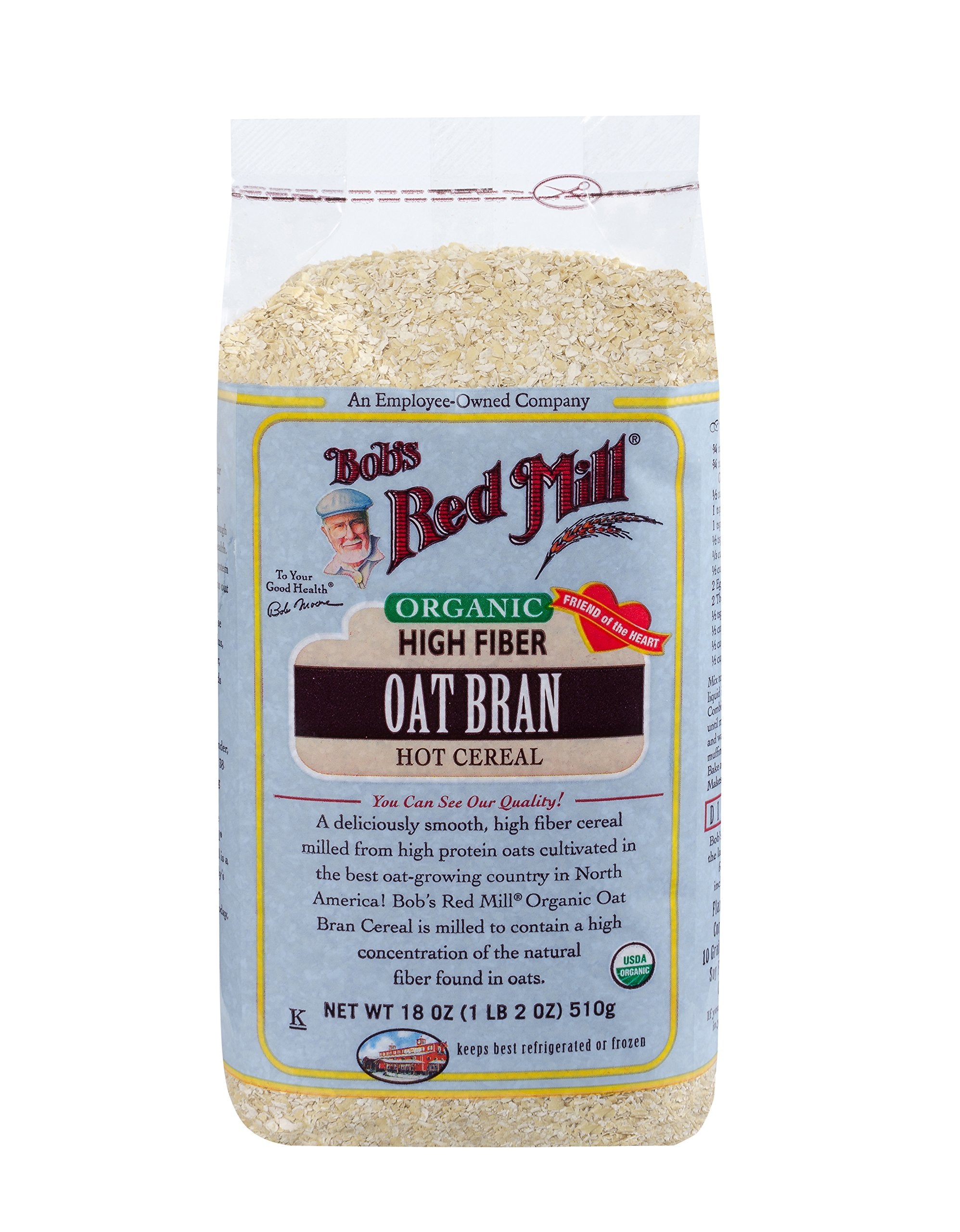 Bob's Red Mill Organic Oat Bran Cereal packaging showcases a wholesome high-fiber breakfast option.