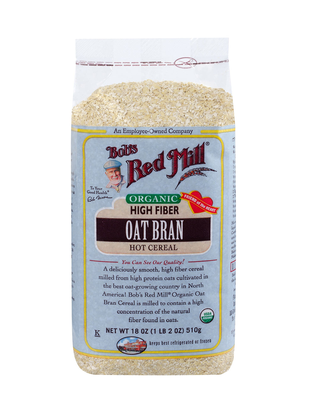 Bob's Red Mill Organic Oat Bran Cereal packaging showcases a wholesome high-fiber breakfast option.