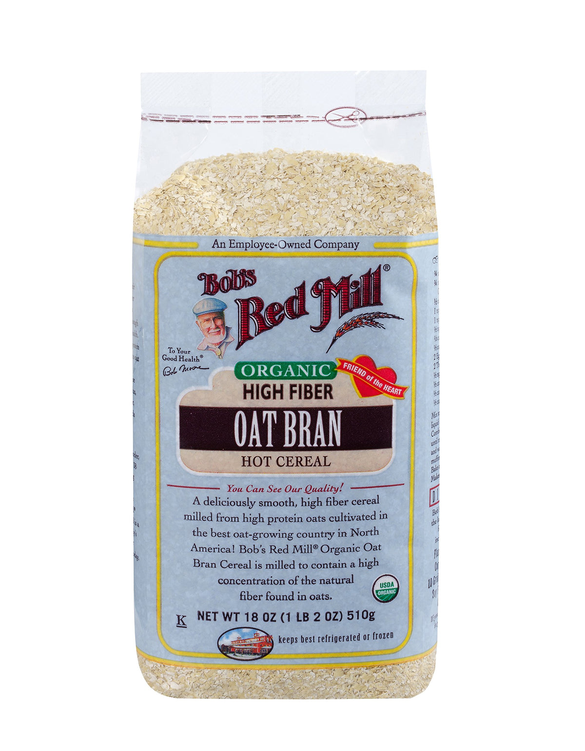 Bob's Red Mill Organic Oat Bran Cereal packaging showcases a wholesome high-fiber breakfast option.