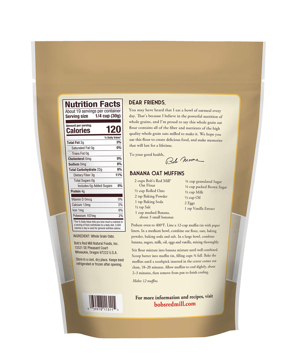 Bob's Red Mill oat flour bag back with nutrition facts