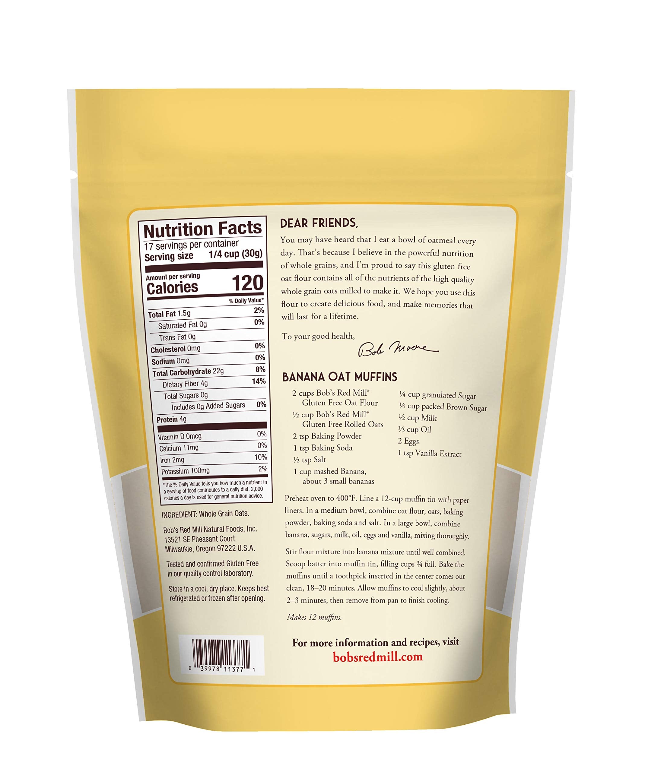 Bob's Red Mill oat flour gluten-free packaging back shows nutrition and ingredients for informed baking.
