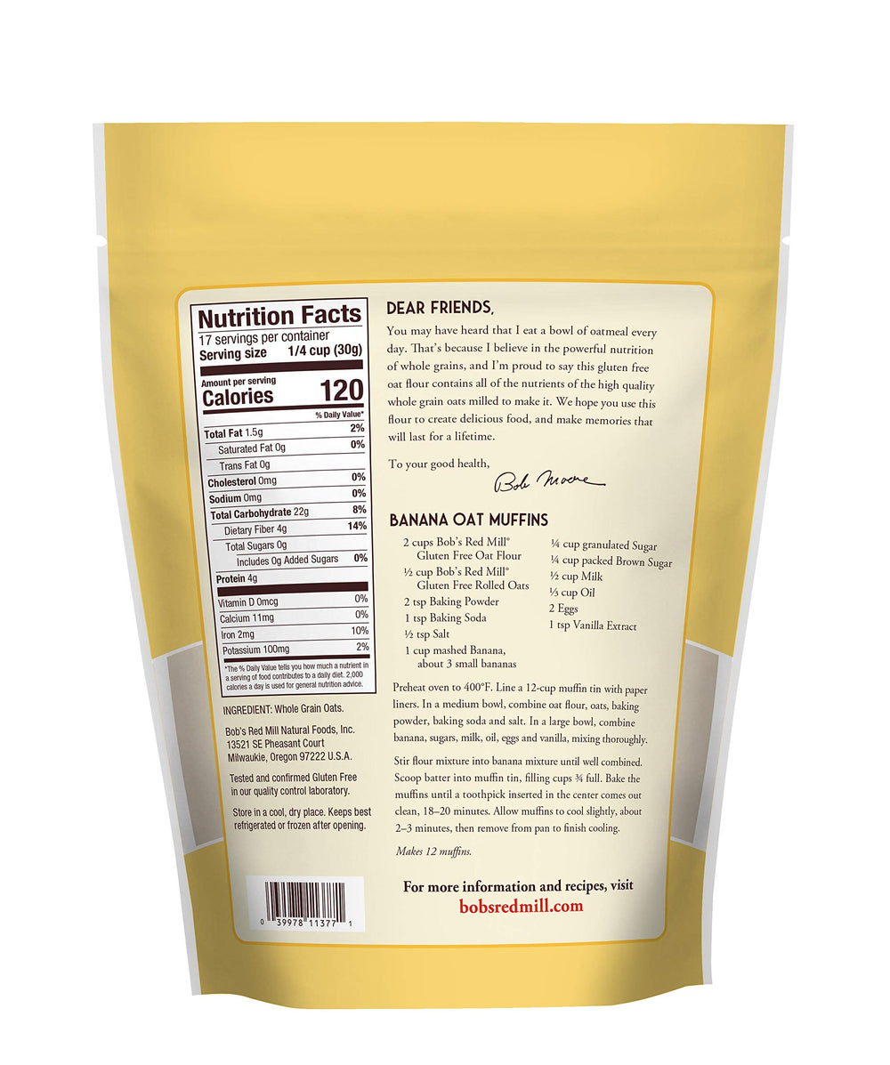 Bob's Red Mill oat flour gluten-free packaging back shows nutrition and ingredients for informed baking.