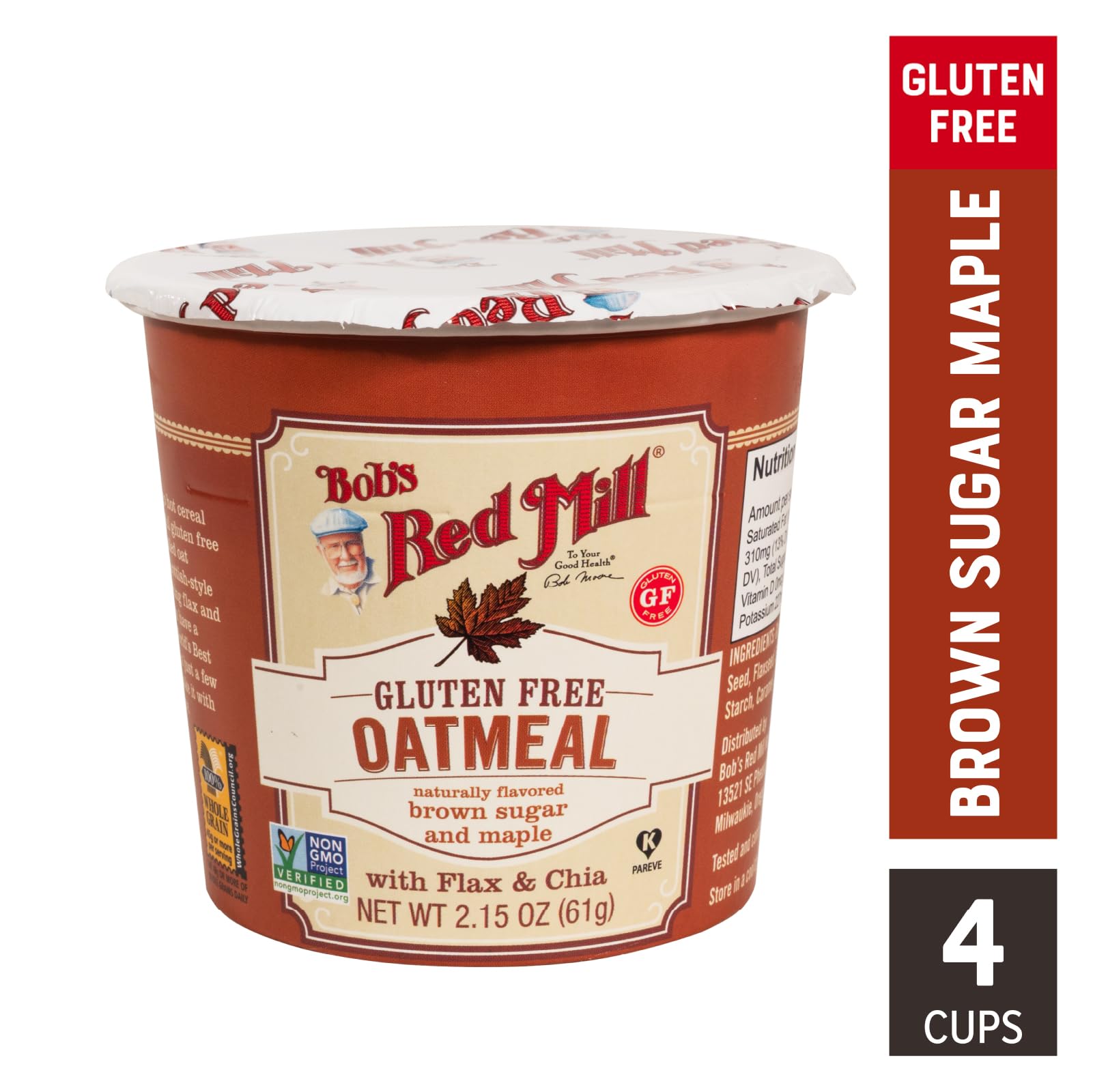 Bob's Red Mill Oatmeal Cup highlights gluten-free oats, flaxseed and chia for a fiber-rich blend