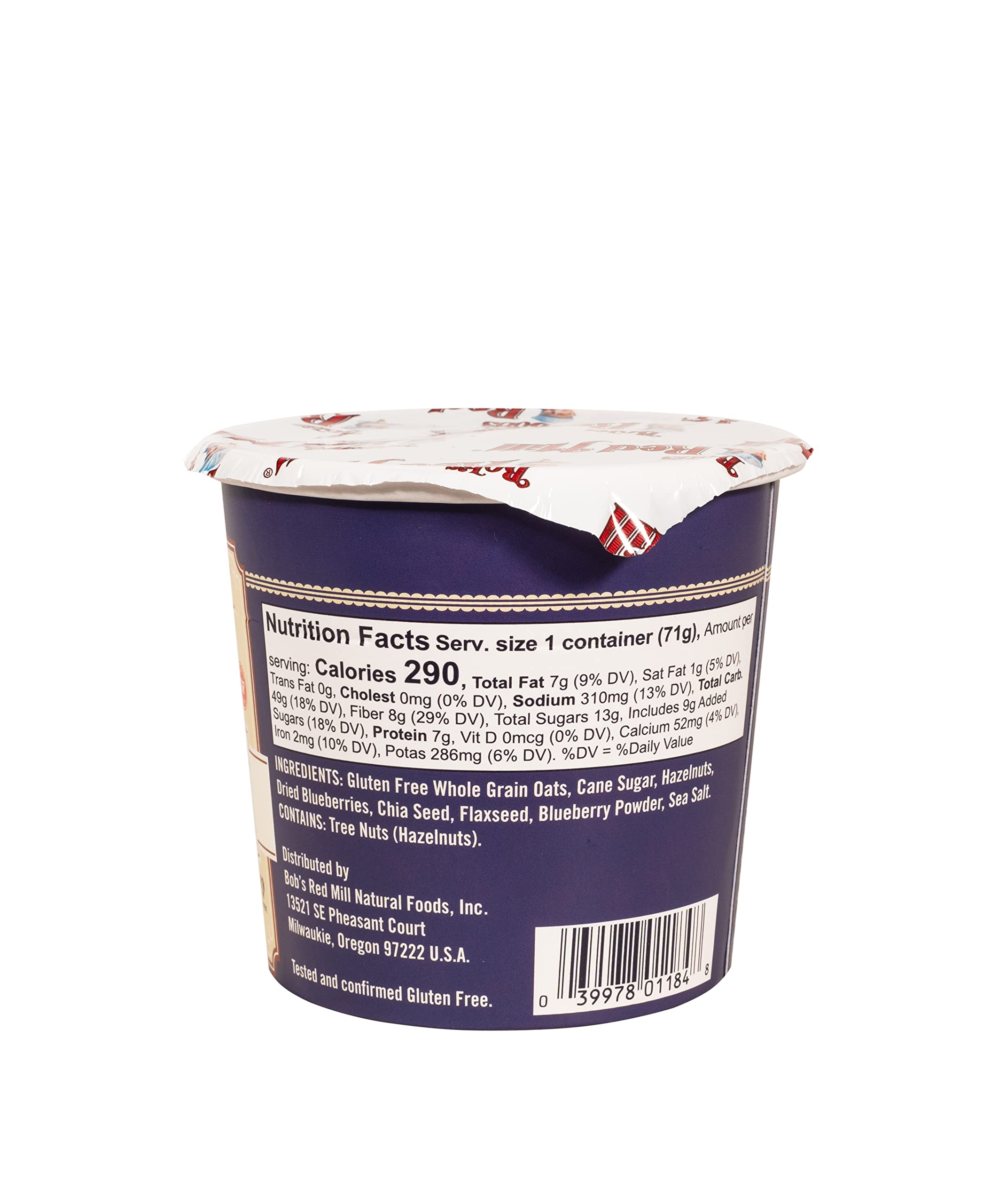 Gluten-free label on Bob's Red Mill Oatmeal Cup highlighting dietary option