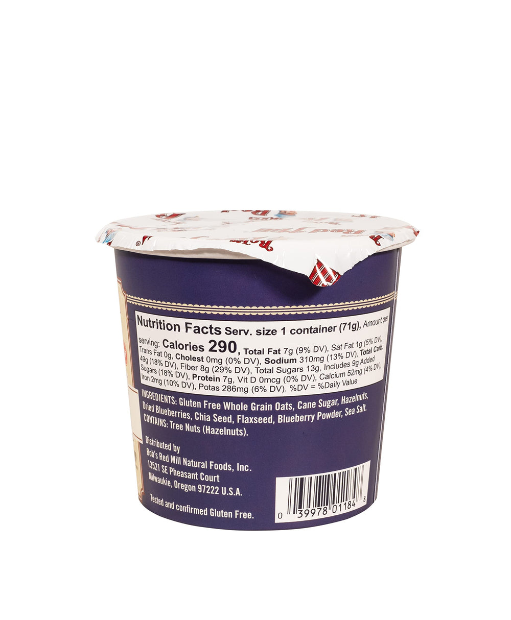 Gluten-free label on Bob's Red Mill Oatmeal Cup highlighting dietary option