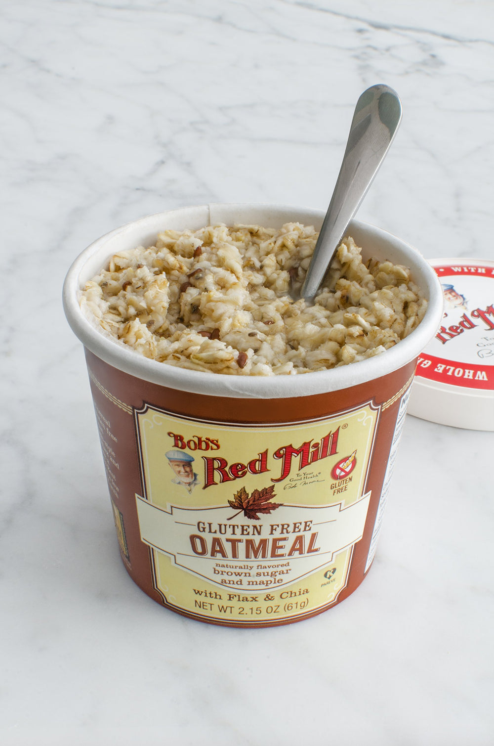 Bob's Red Mill Oatmeal Cup package front highlights portable breakfast option.