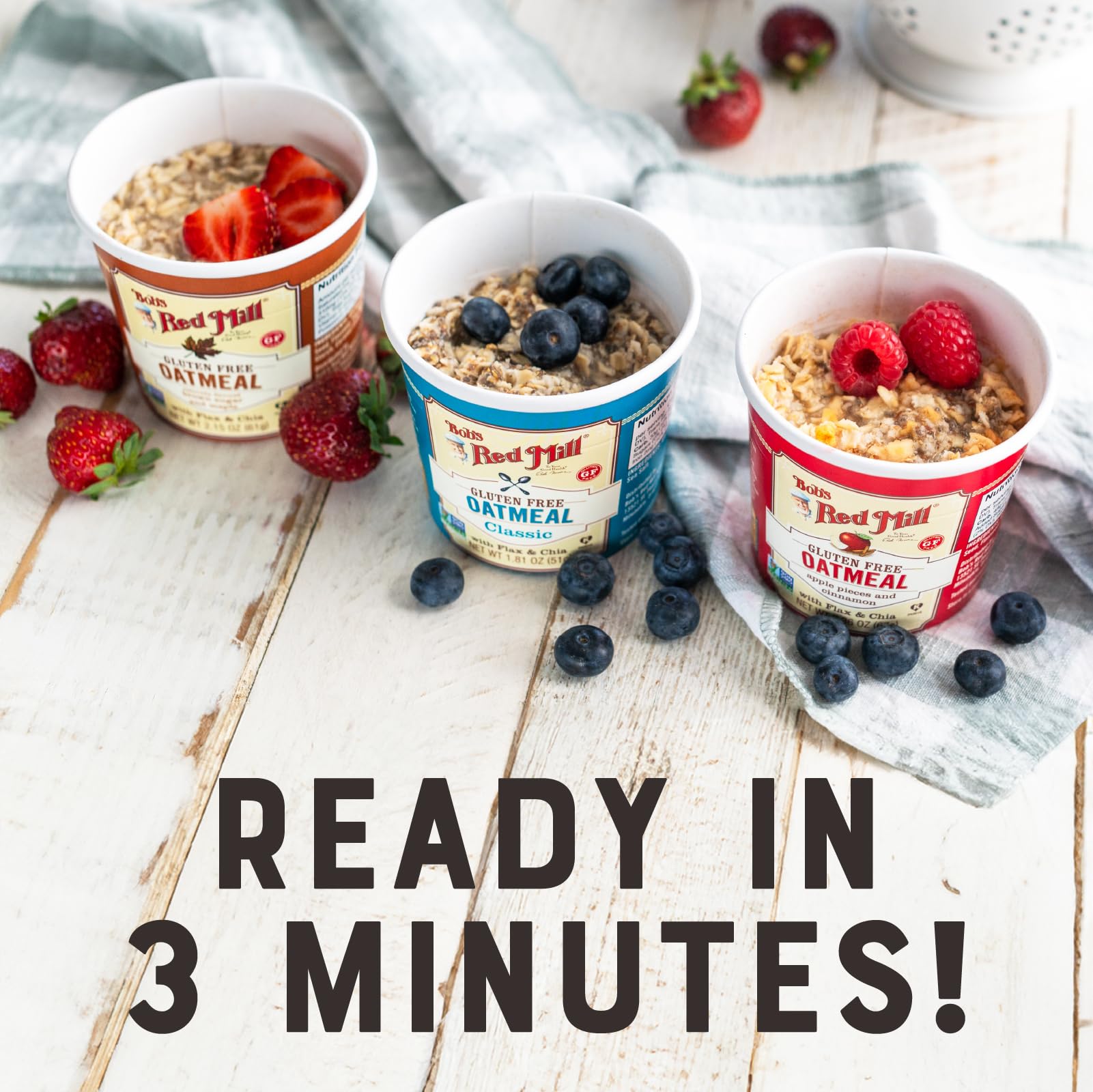 Bob's Red Mill Oatmeal Cup Variety Pack shows three flavors together