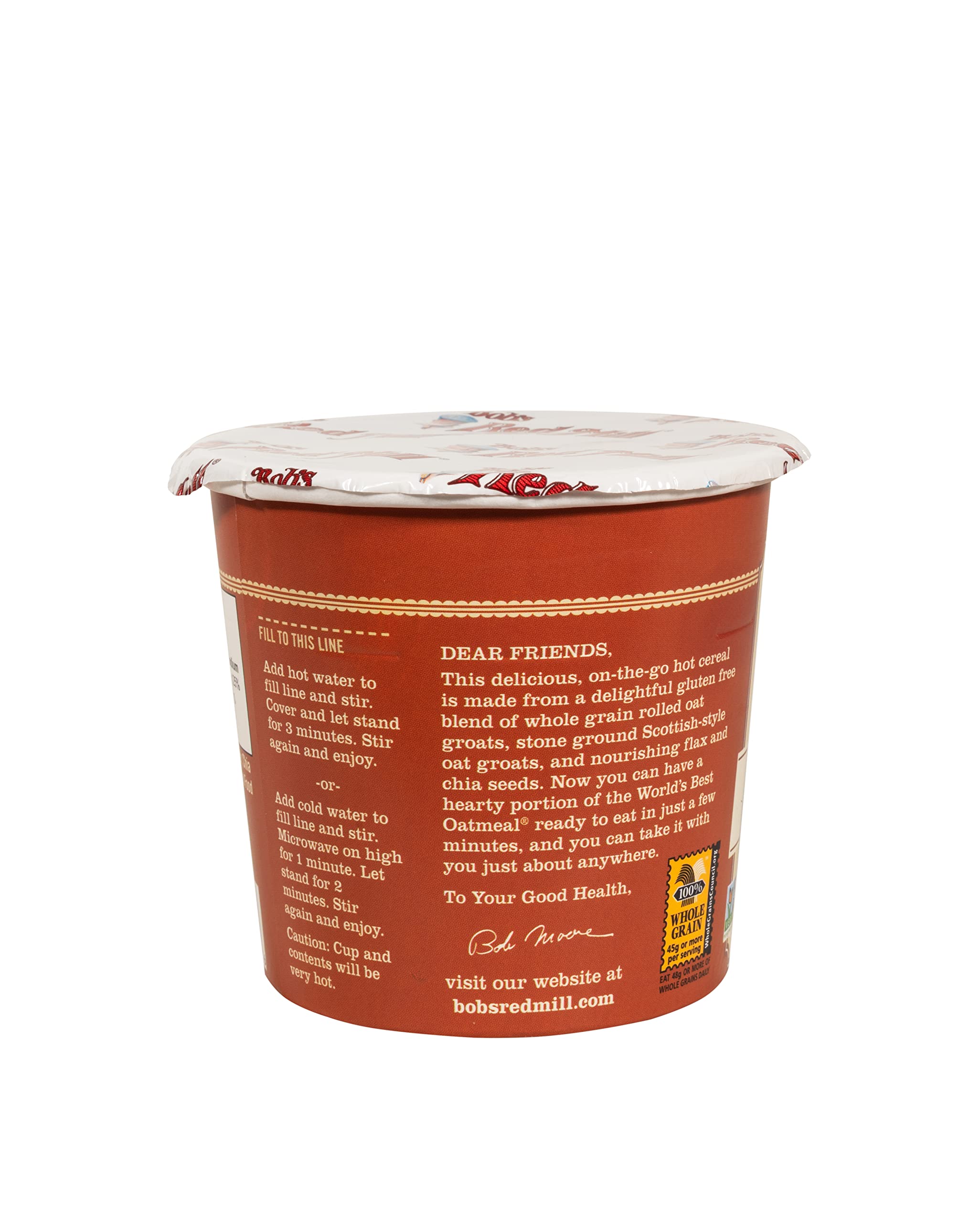Bob's Red Mill Oatmeal Cup ready in 3 minutes with hot water or microwave.