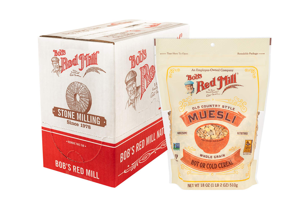 Bob's Red Mill Old Country Style Muesli in a bowl with milk for a hearty breakfast.