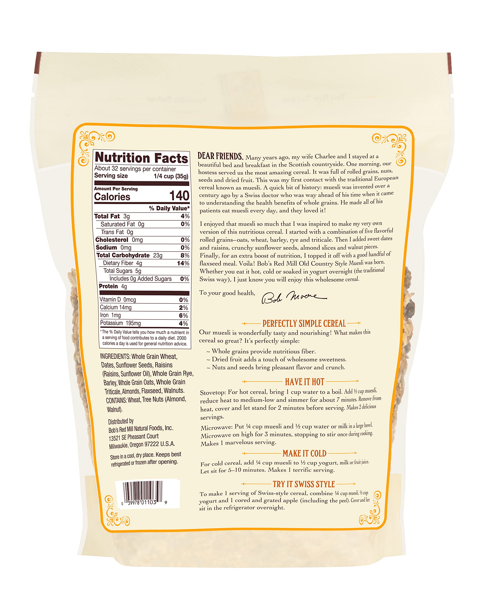 Bob's Red Mill Old Country Style Muesli ingredients close-up with oats, raisins, almonds, walnuts for wholesome energy