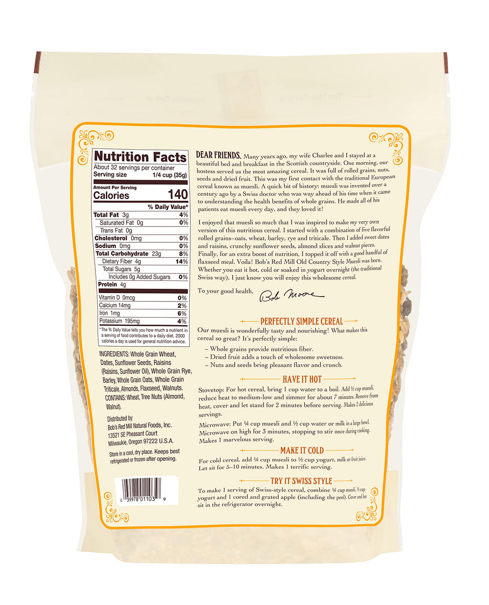 Bob's Red Mill Old Country Style Muesli ingredients close-up with oats, raisins, almonds, walnuts for wholesome energy