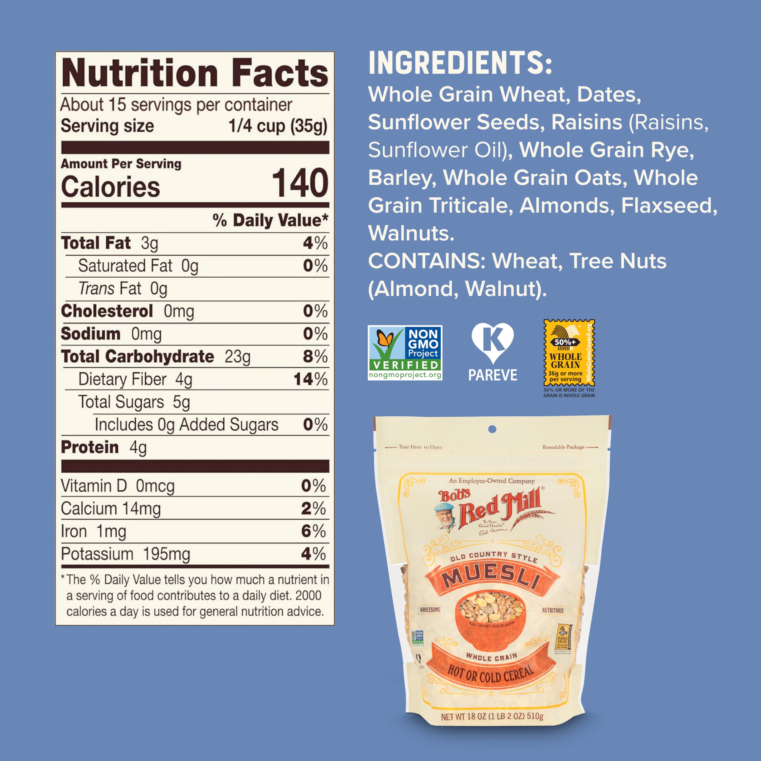Bob's Red Mill Old Country Style Muesli packaging displayed on a kitchen shelf.