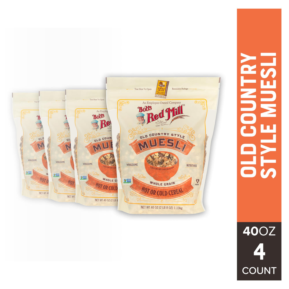 Bob's Red Mill Old Country Style Muesli tub on shelf ready for breakfast