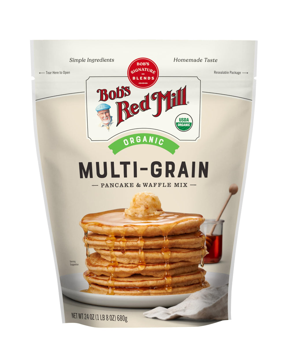 Stacked Bob's Red Mill Organic 7 Grain pancakes with butter