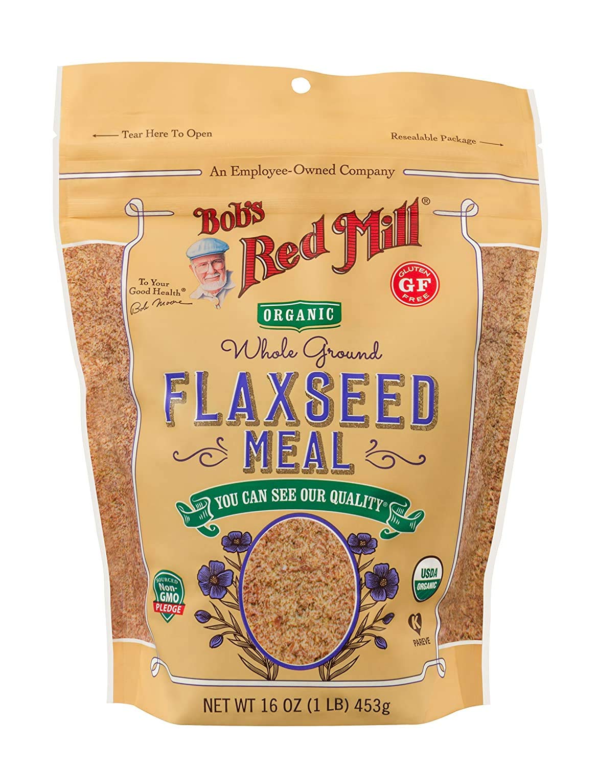 Bob's Red Mill Organic Brown Flaxseed Meal packaging showing two bags for omega-3 boost.
