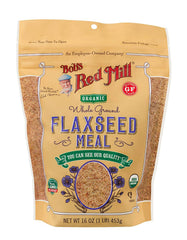 Bob's Red Mill Organic Brown Flaxseed Meal packaging showing two bags for omega-3 boost.