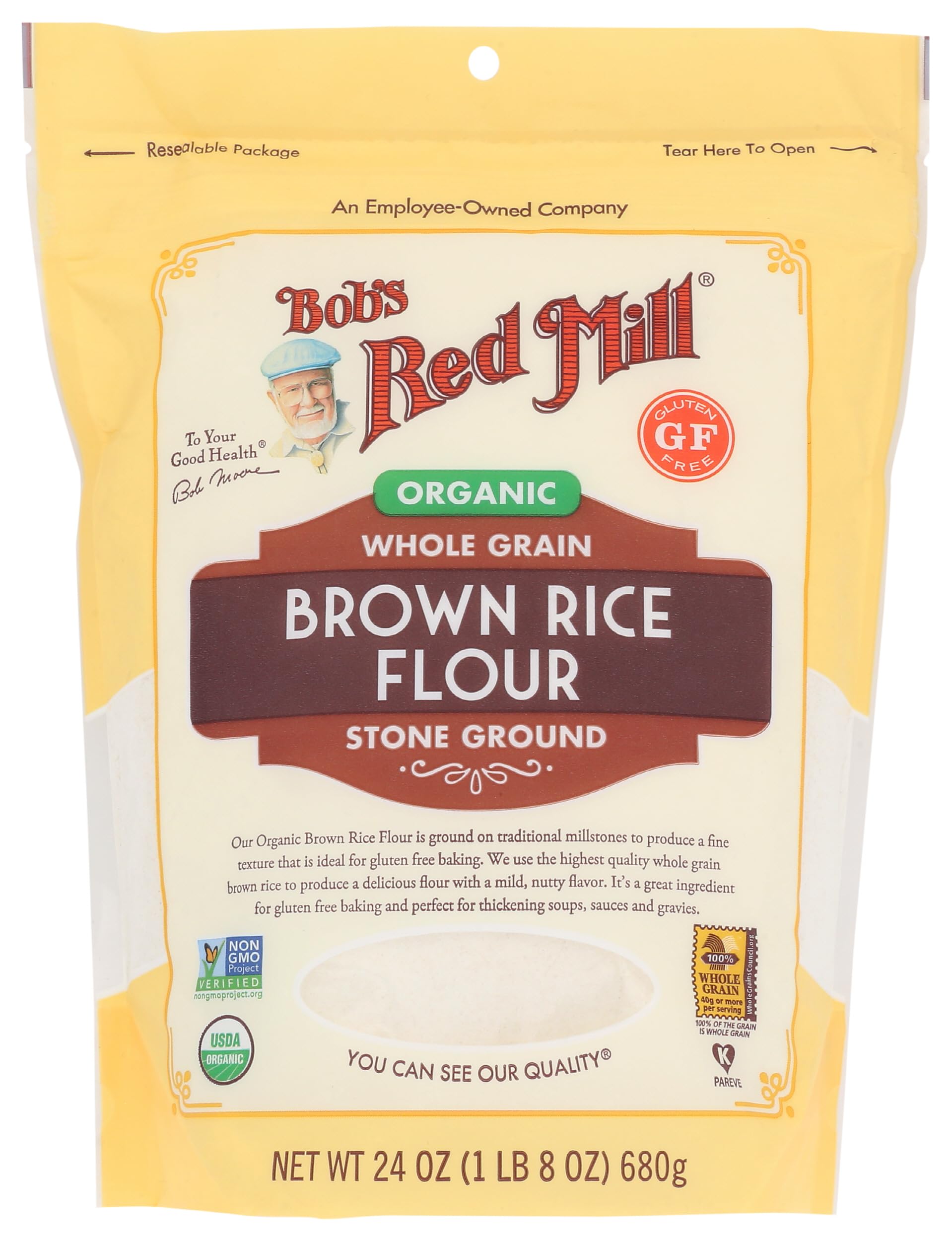 Bob's Red Mill Organic Brown Rice Flour 24oz bag, ideal for gluten-free baking.
