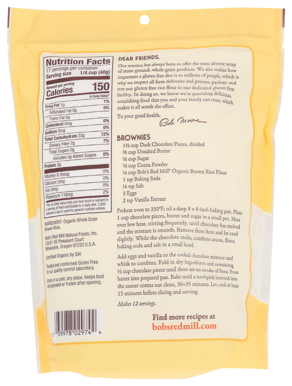 Bob's Red Mill Organic Brown Rice Flour finely sifted for smooth batters.