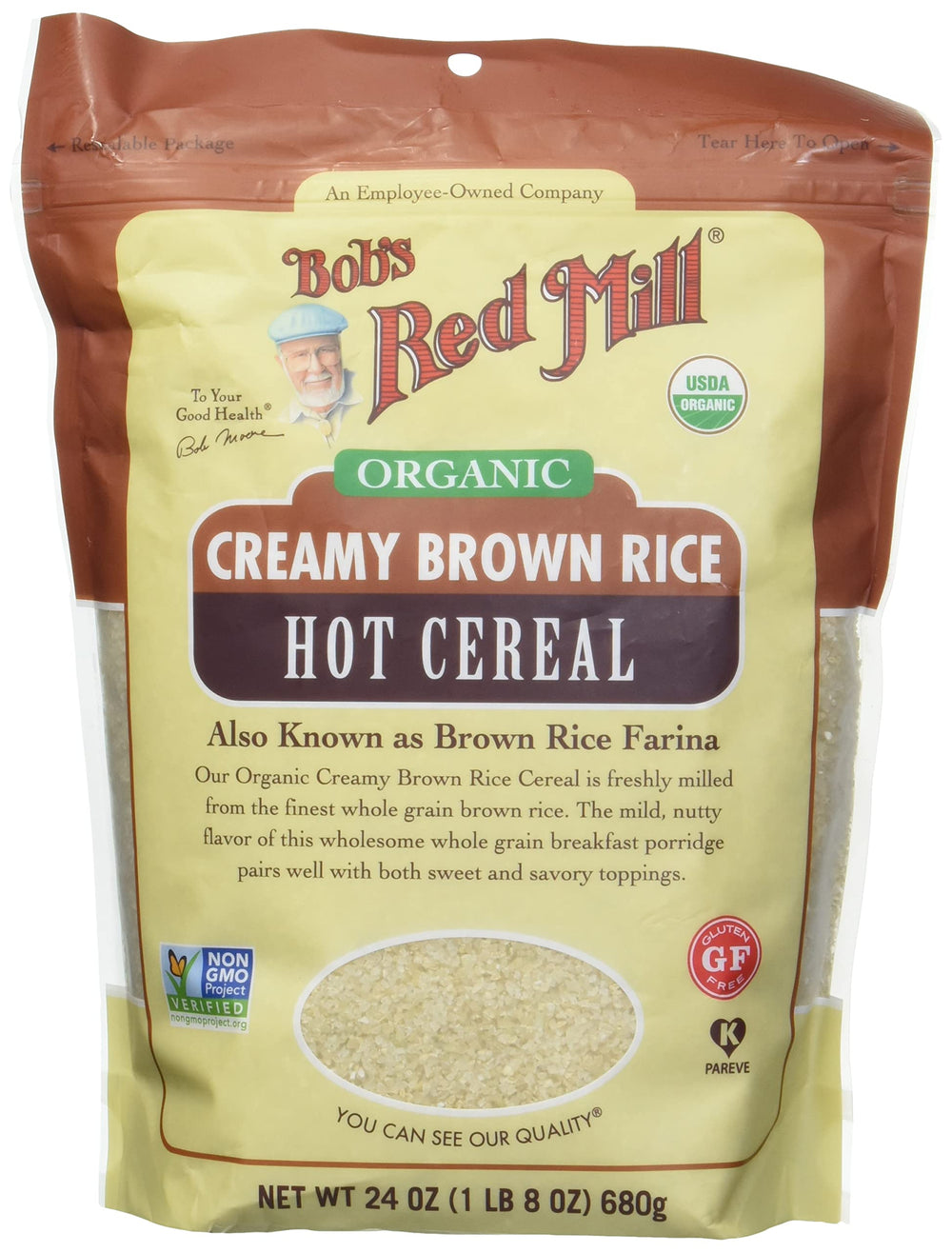 Bob's Red Mill Organic Brown Rice Hot Cereal in a bowl for a warm, wholesome breakfast.