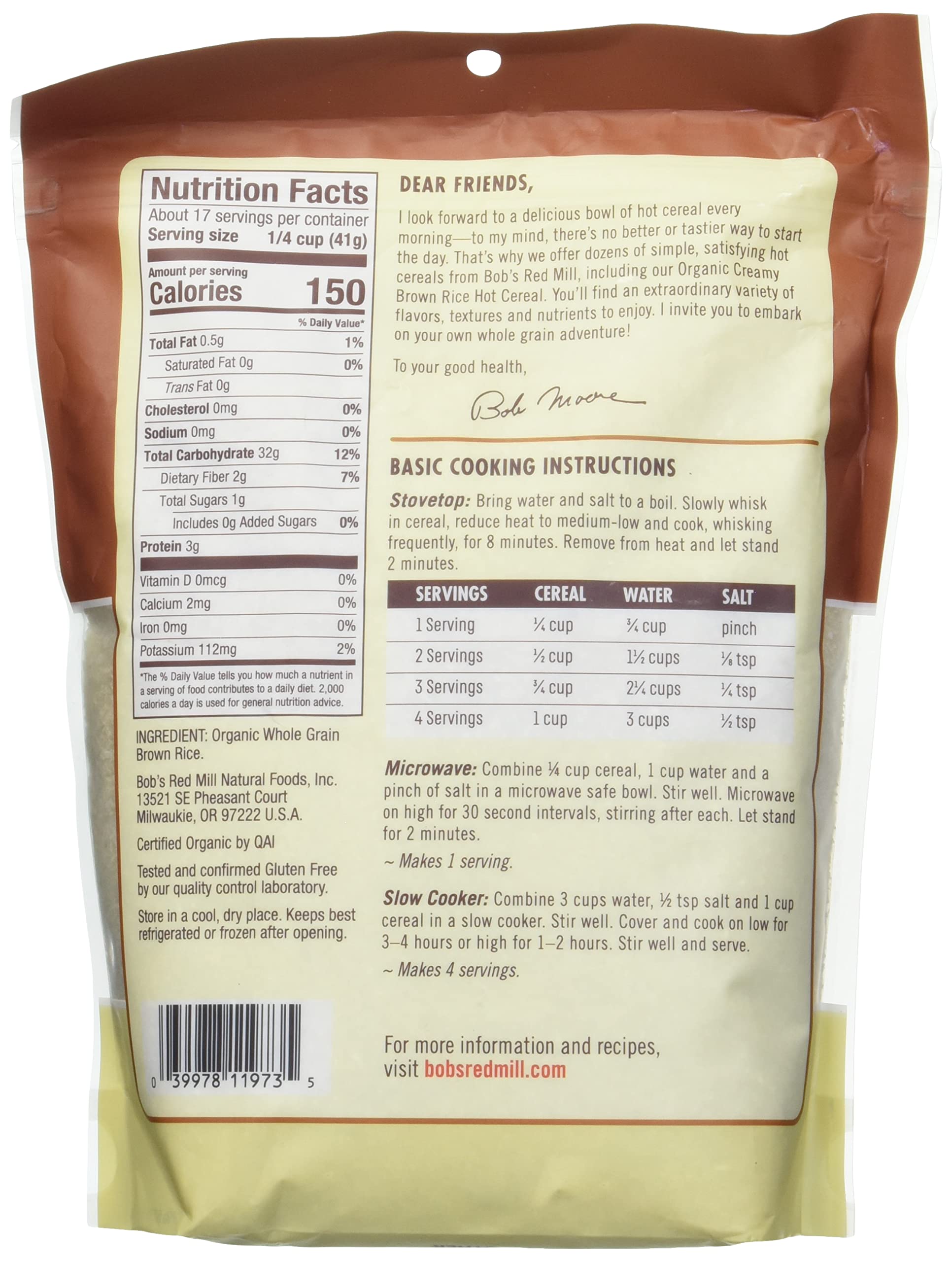 Bob's Red Mill Organic Brown Rice Hot Cereal spoon over a bowl.