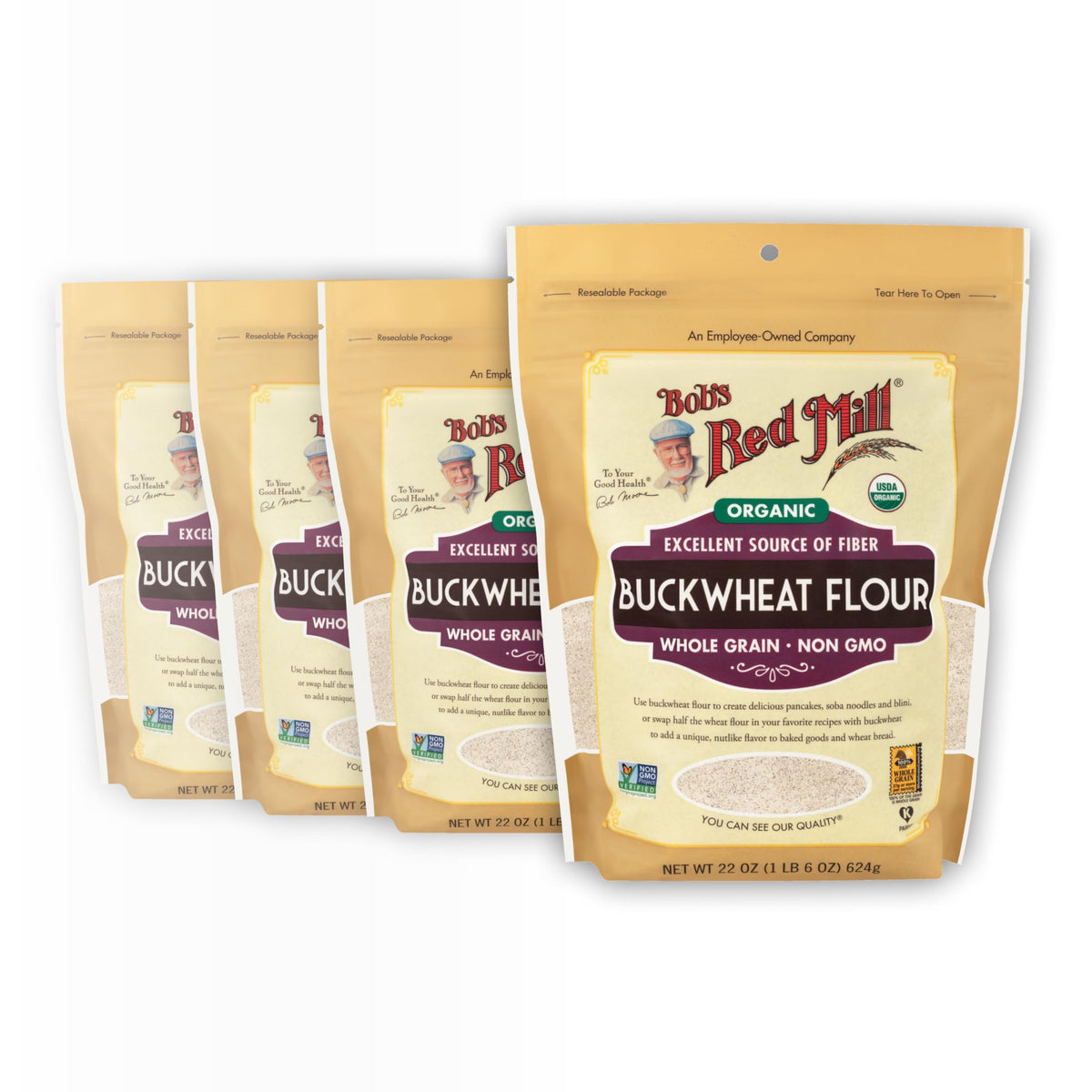 Bob's Red Mill Organic Buckwheat Flour four-pack on the counter for gluten-free baking.