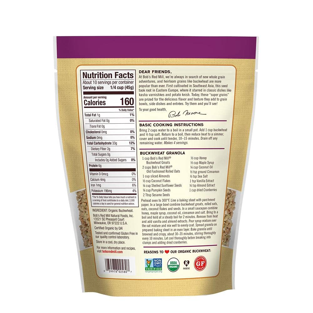 Bob's Red Mill Organic Buckwheat Groats bag close-up, highlighting organic quality for wholesome meals.