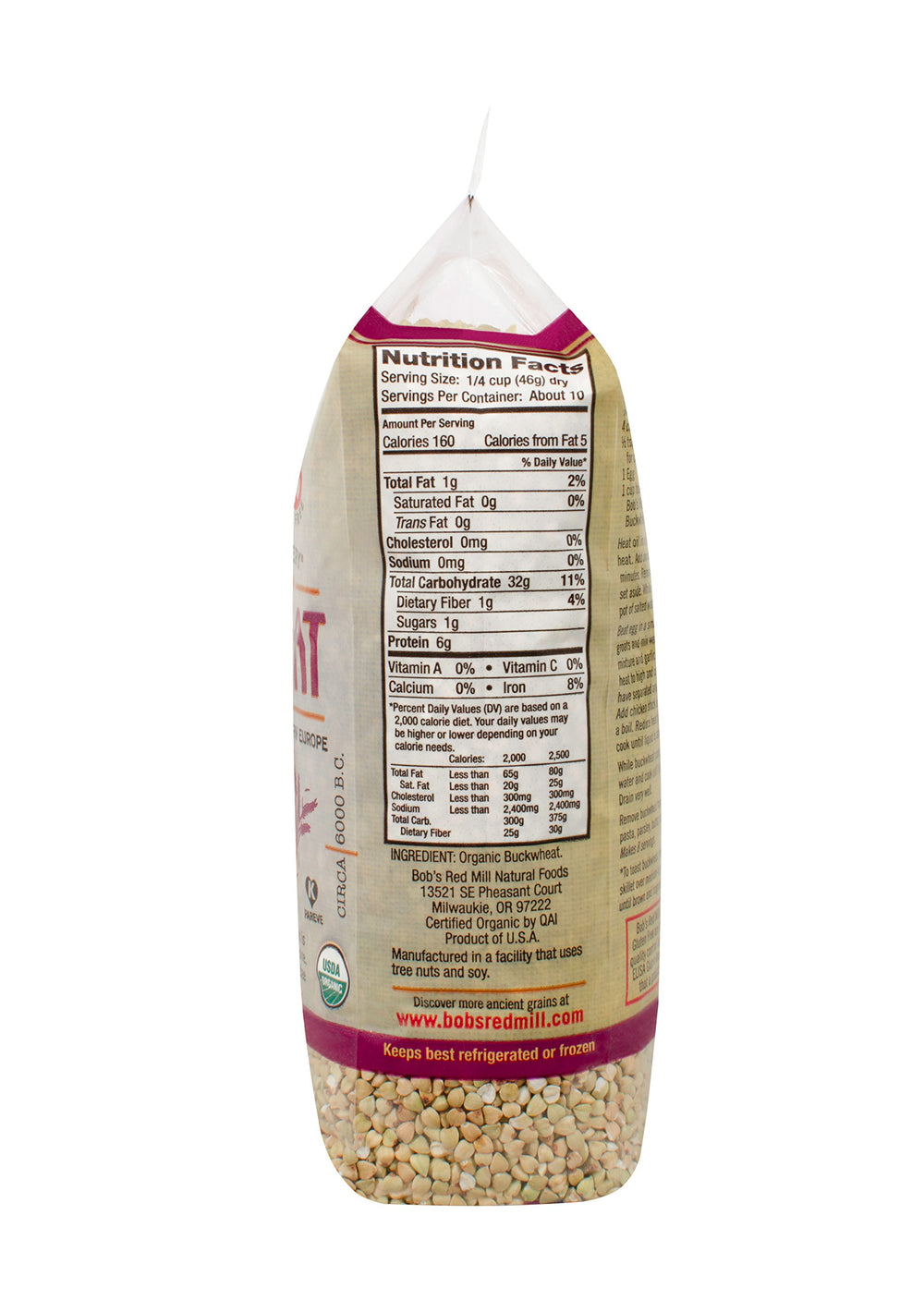 Bob's Red Mill Organic Buckwheat Groats certifications label indicates organic and Kosher Pareve status.
