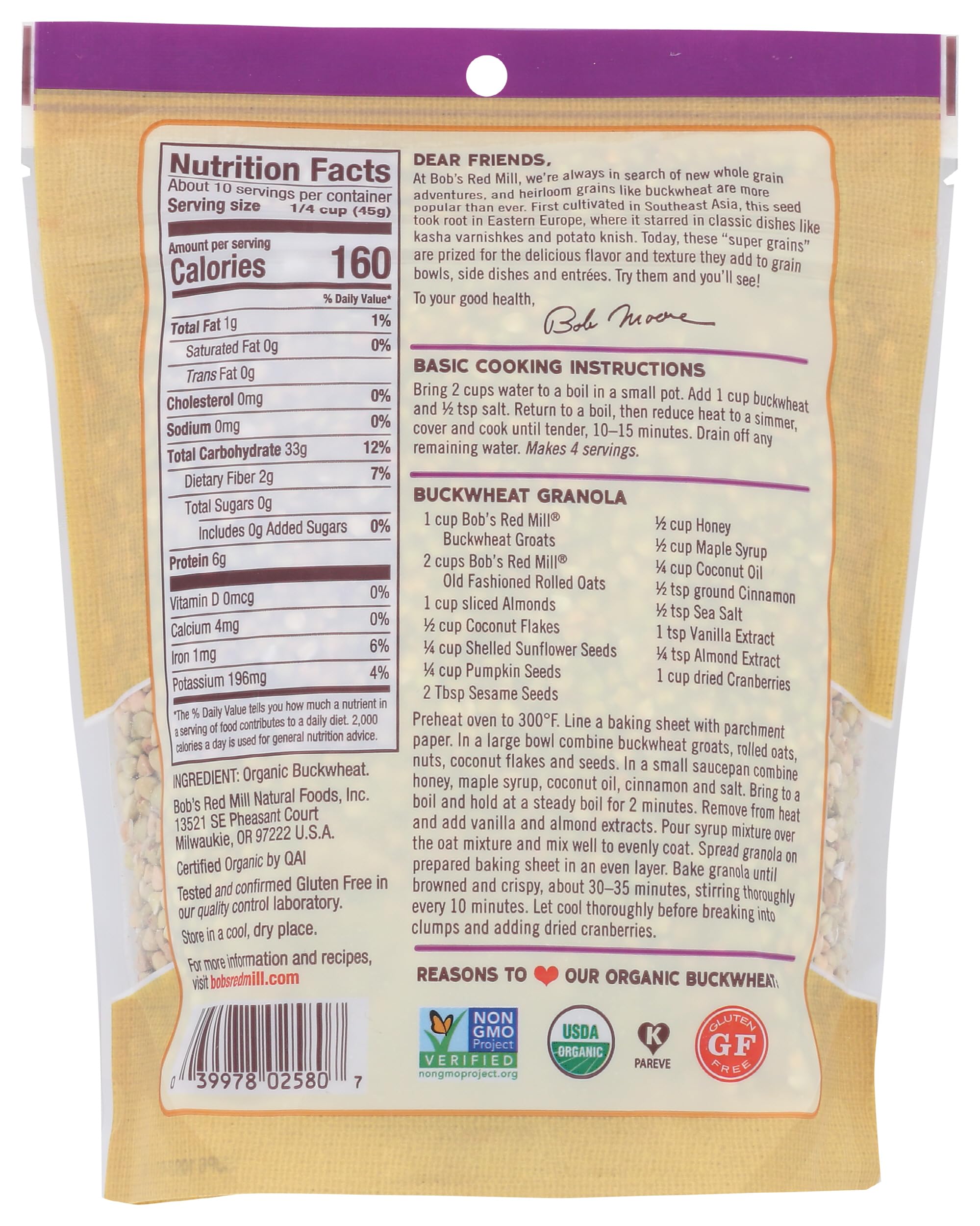 Bob's Red Mill organic buckwheat groats raw in bowl, versatile gluten-free grain.