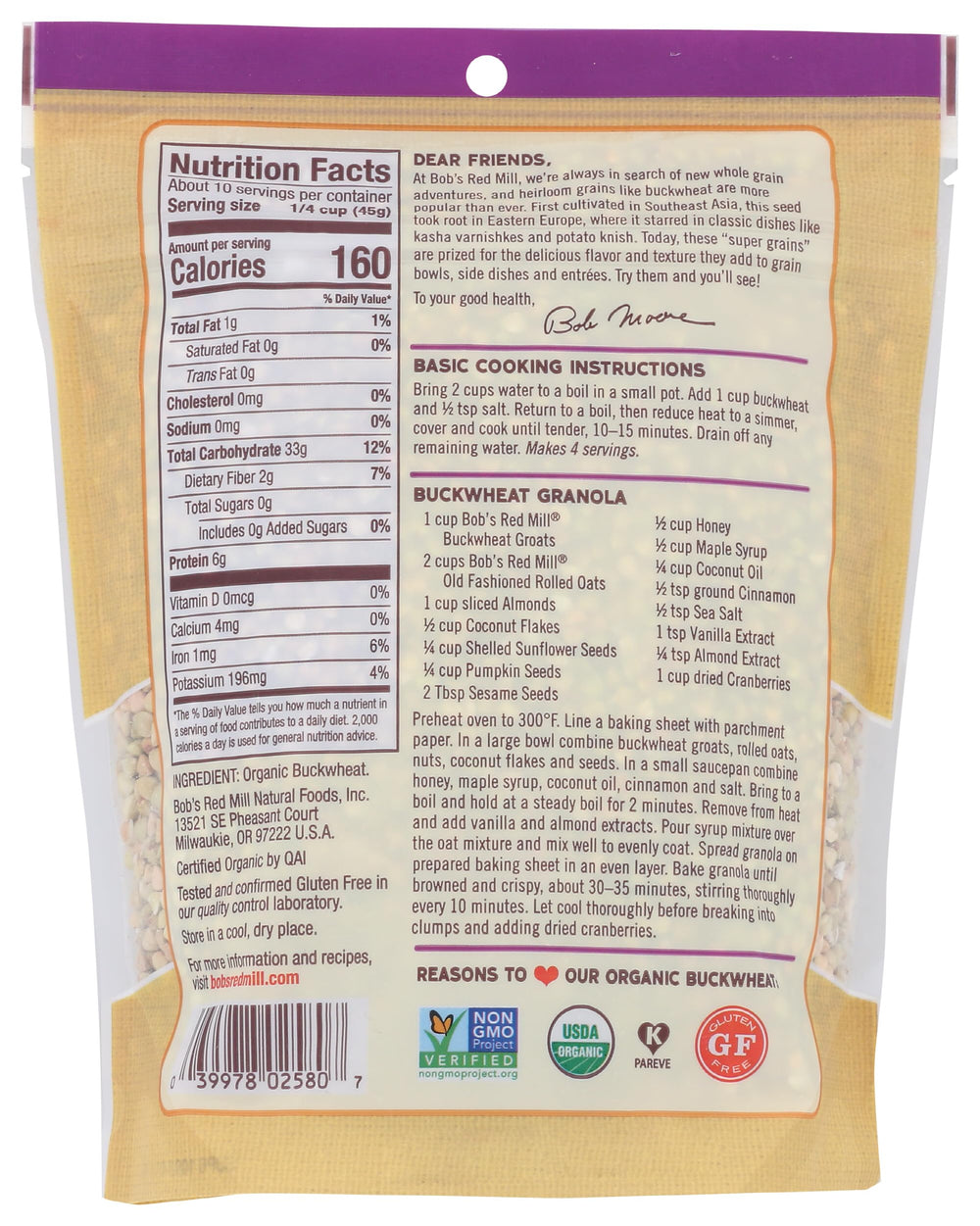Bob's Red Mill organic buckwheat groats raw in bowl, versatile gluten-free grain.