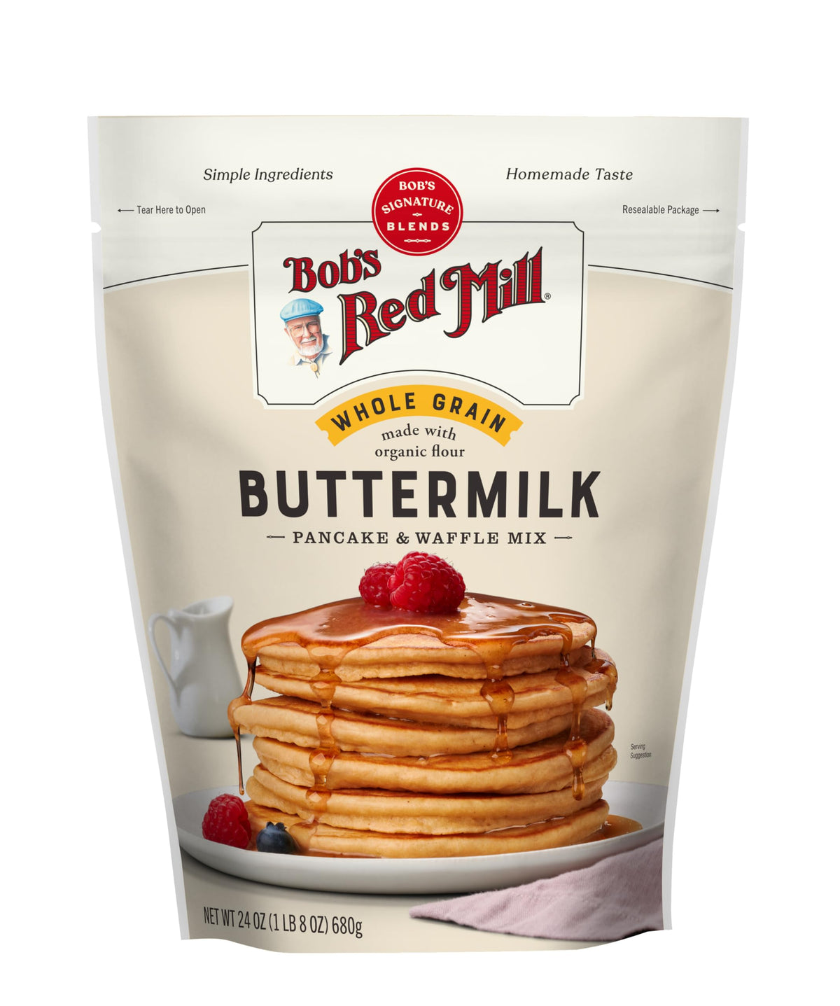 Bob's Red Mill organic pancake mix box front showing wholesome ingredients