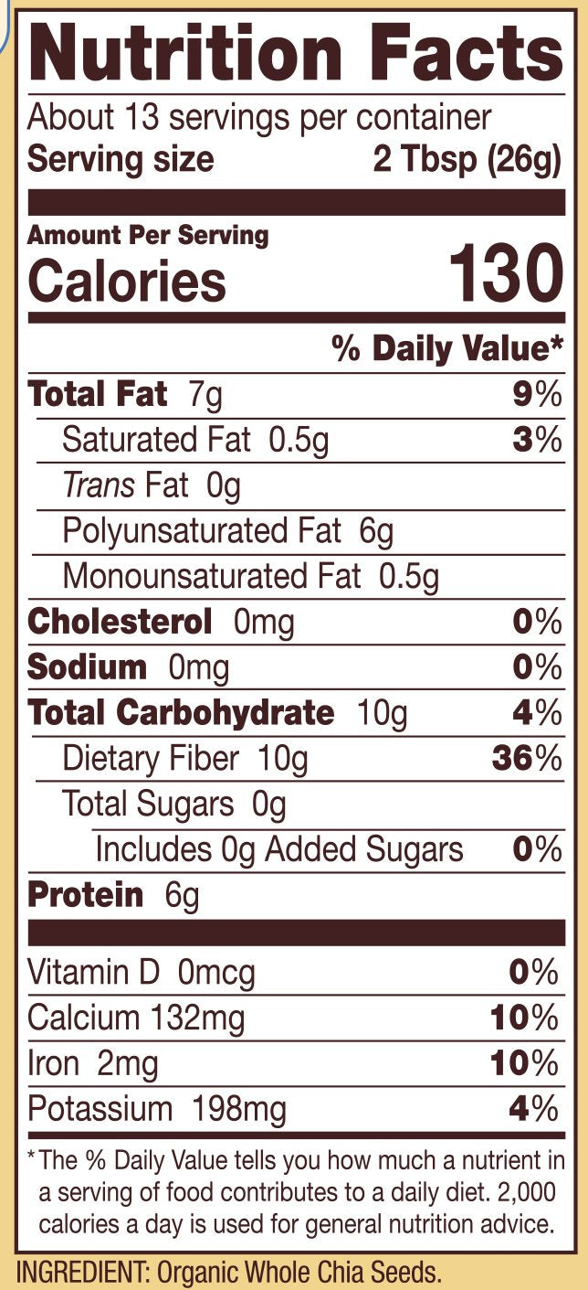 Bob's Red Mill Organic Chia Seeds in gluten-free facility label for purity.