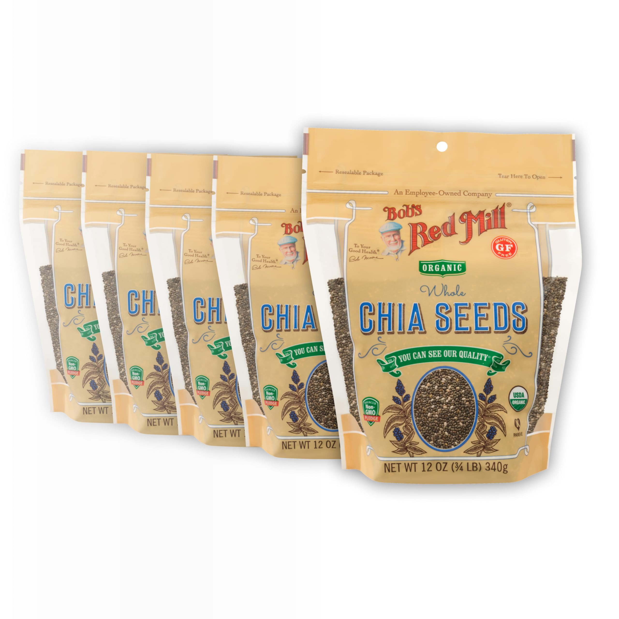 Bob's Red Mill Organic Chia Seeds in a measuring spoon, ready to add fiber.