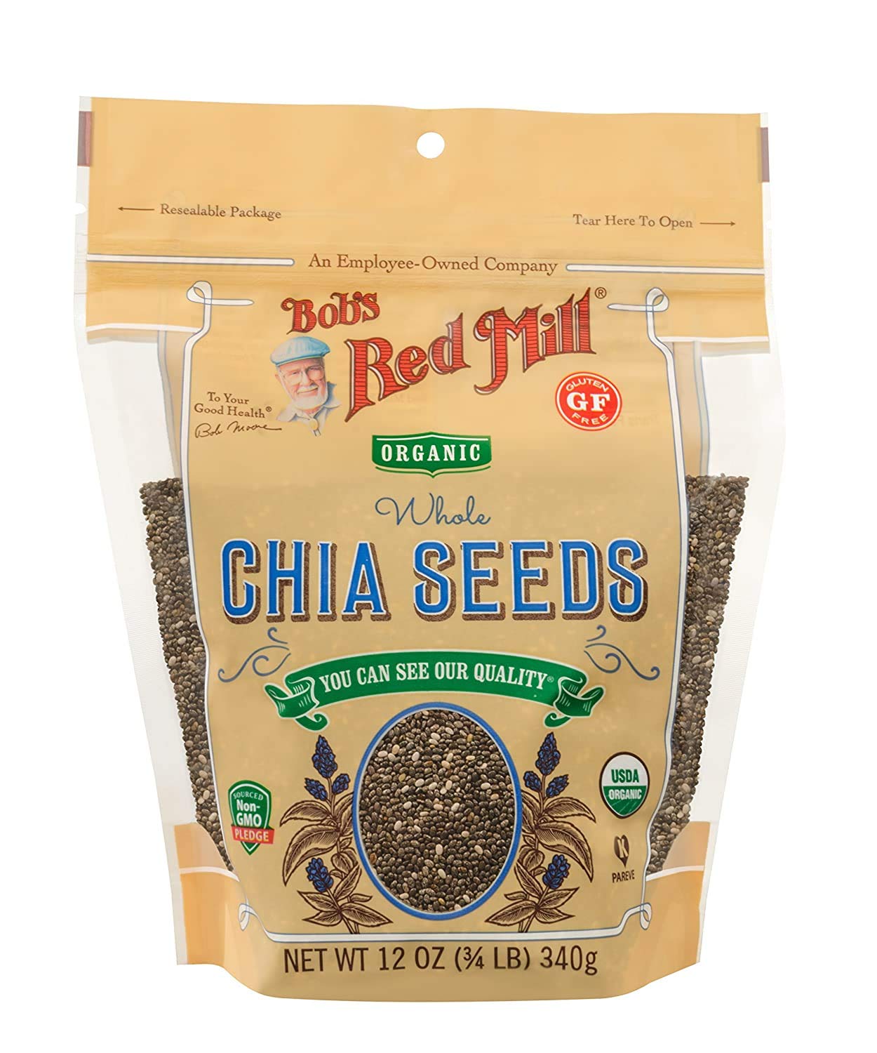 Bob's Red Mill organic chia seeds in a resealable bag for easy storage and nutrition boost