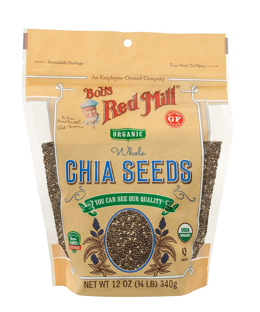 Bob's Red Mill organic chia seeds in a resealable bag for easy storage and nutrition boost