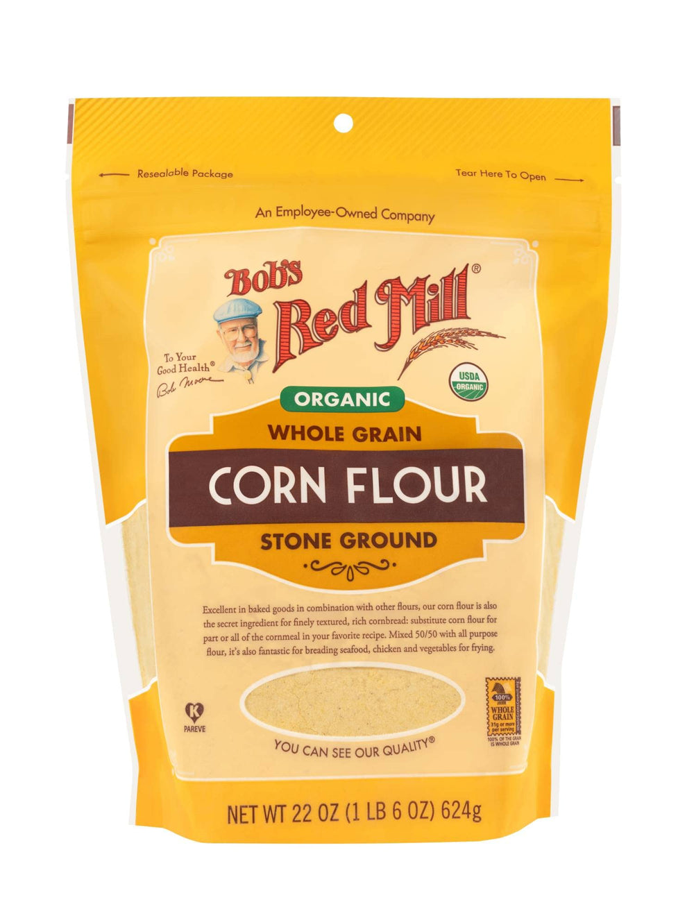Bob's Red Mill Organic Corn Flour bag 22 oz suitable for cornbread and flatbreads.