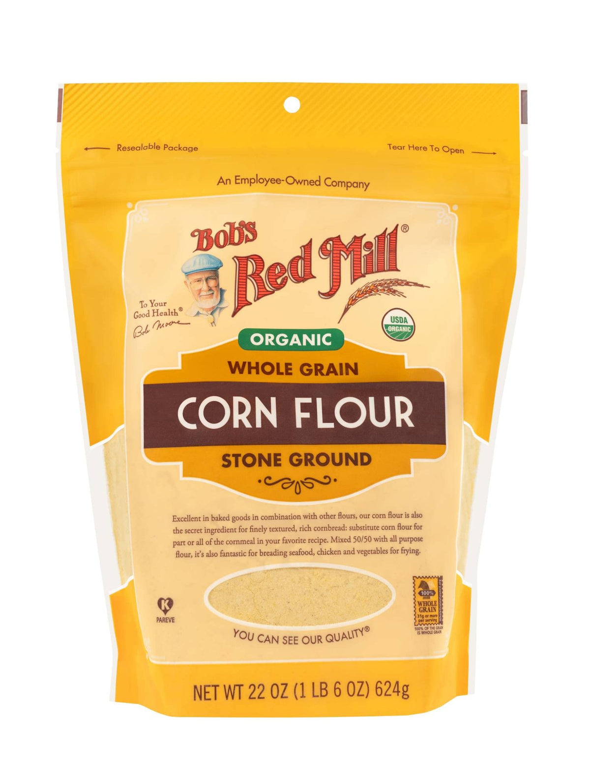 Bob's Red Mill Organic Corn Flour bag 22 oz suitable for cornbread and flatbreads.