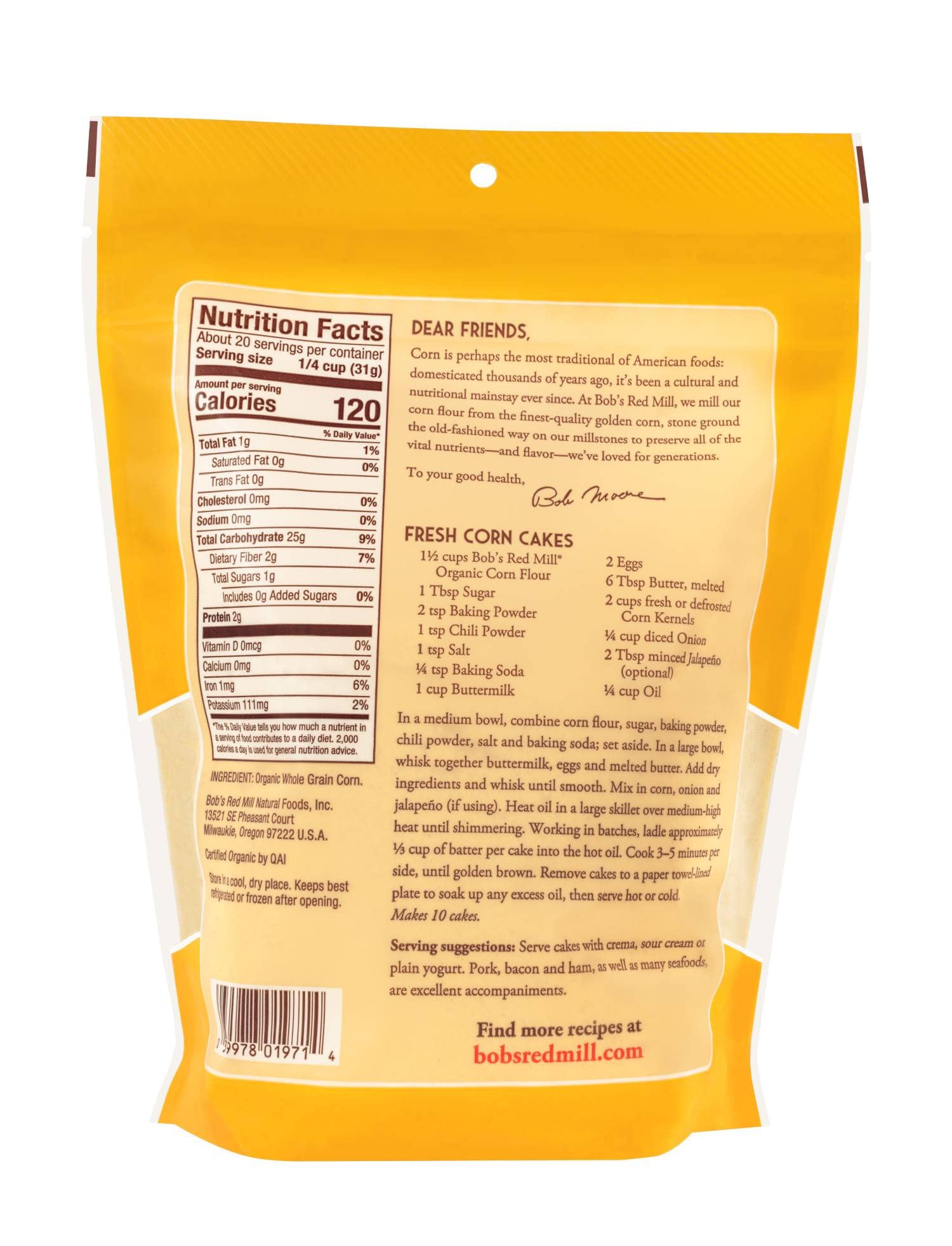 Bob's Red Mill organic corn flour closeup reveals fine texture ideal for versatile batters.