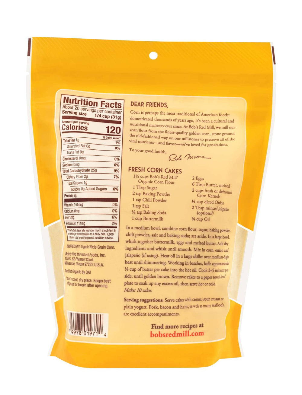 Bob's Red Mill organic corn flour closeup reveals fine texture ideal for versatile batters.
