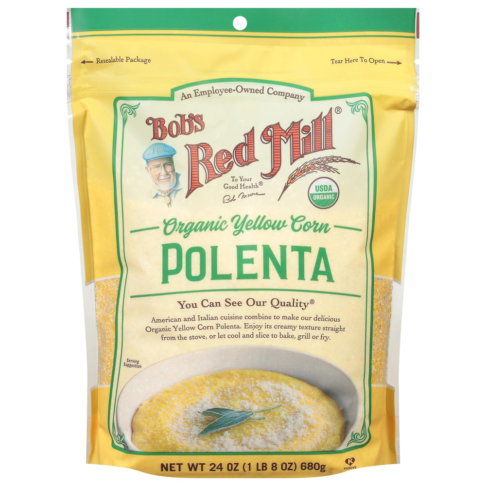 Bob's Red Mill Organic corn grits polenta in a creamy bowl, ideal for comforting breakfast porridge.