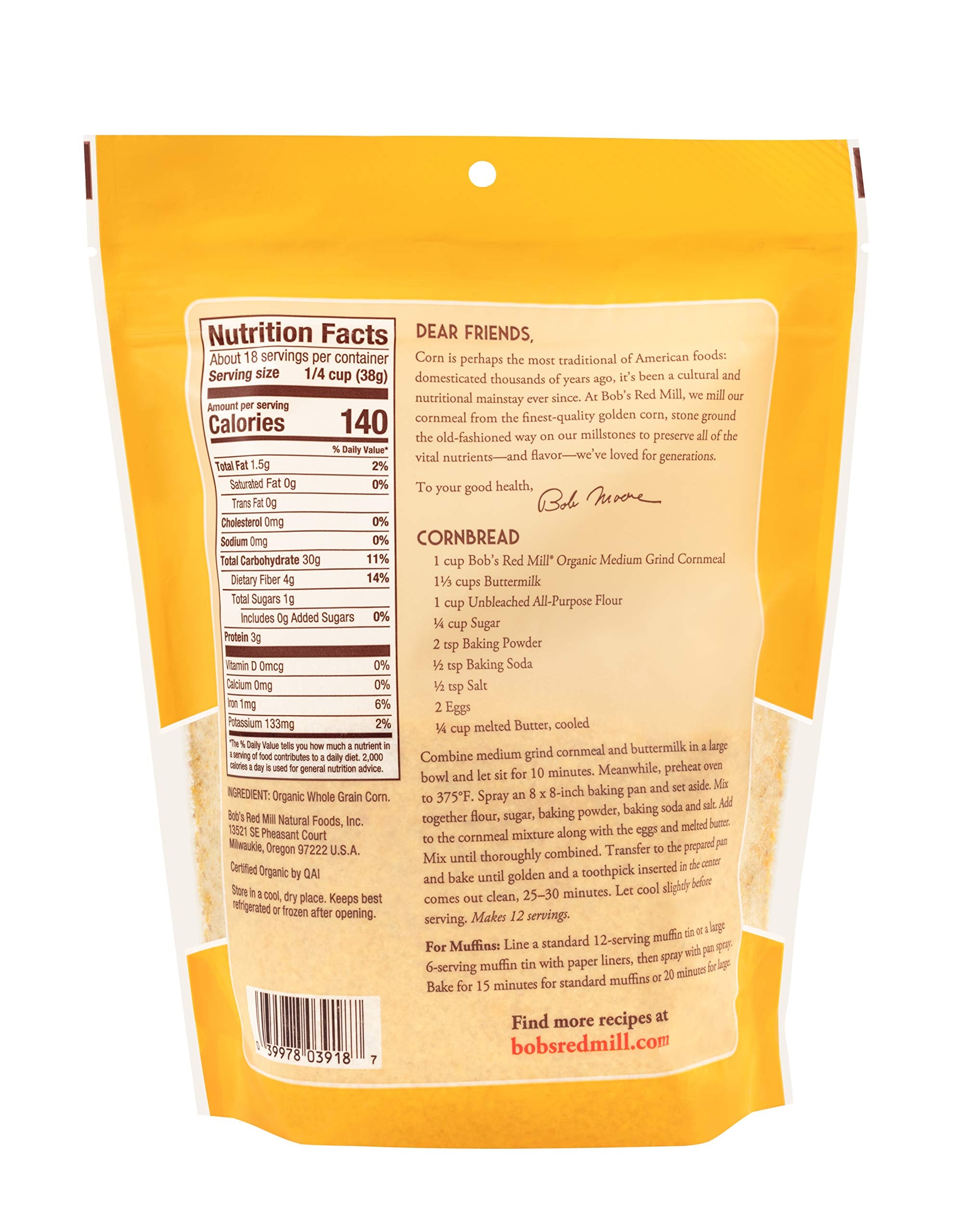 Bob's Red Mill Organic cornmeal germ and bran close-up highlights fiber-rich whole grain