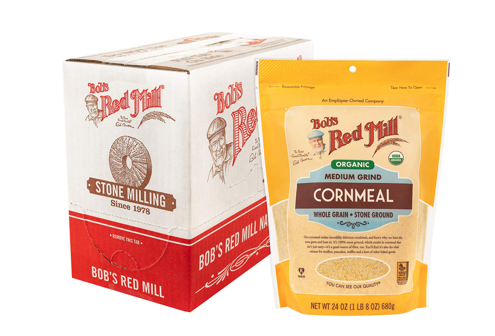 Bob's Red Mill Organic cornmeal packaging for versatile pantry baking