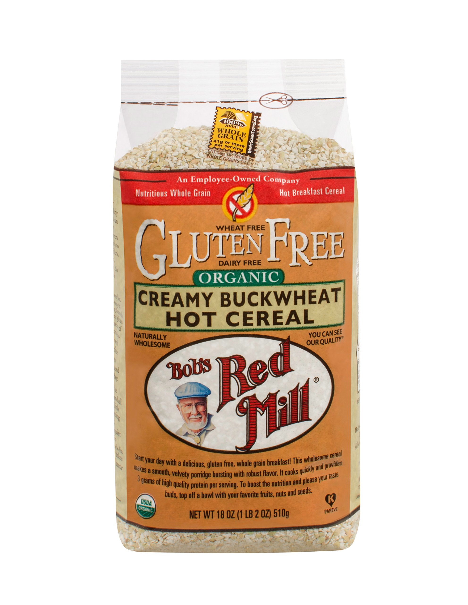 Bob's Red Mill Organic Creamy Buckwheat Hot Cereal canister front view for quick gluten-free breakfasts.