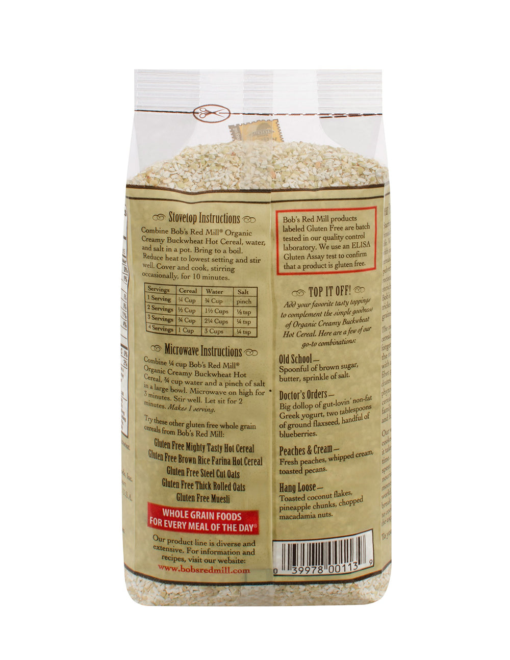 Bob's Red Mill Organic Buckwheat Hot Cereal package on kitchen shelf, gluten-free pantry option.
