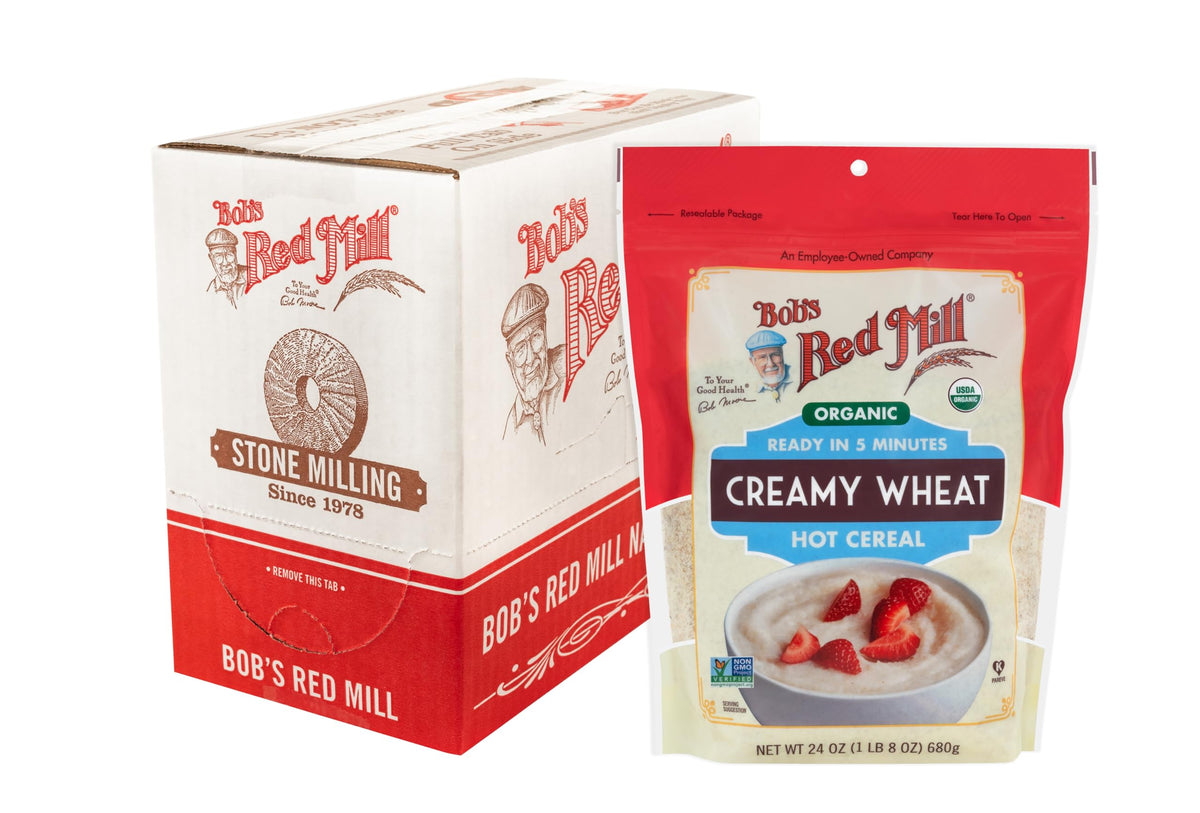 Bob's Red Mill Organic Creamy Wheat hot cereal in a cozy bowl, creamy and comforting
