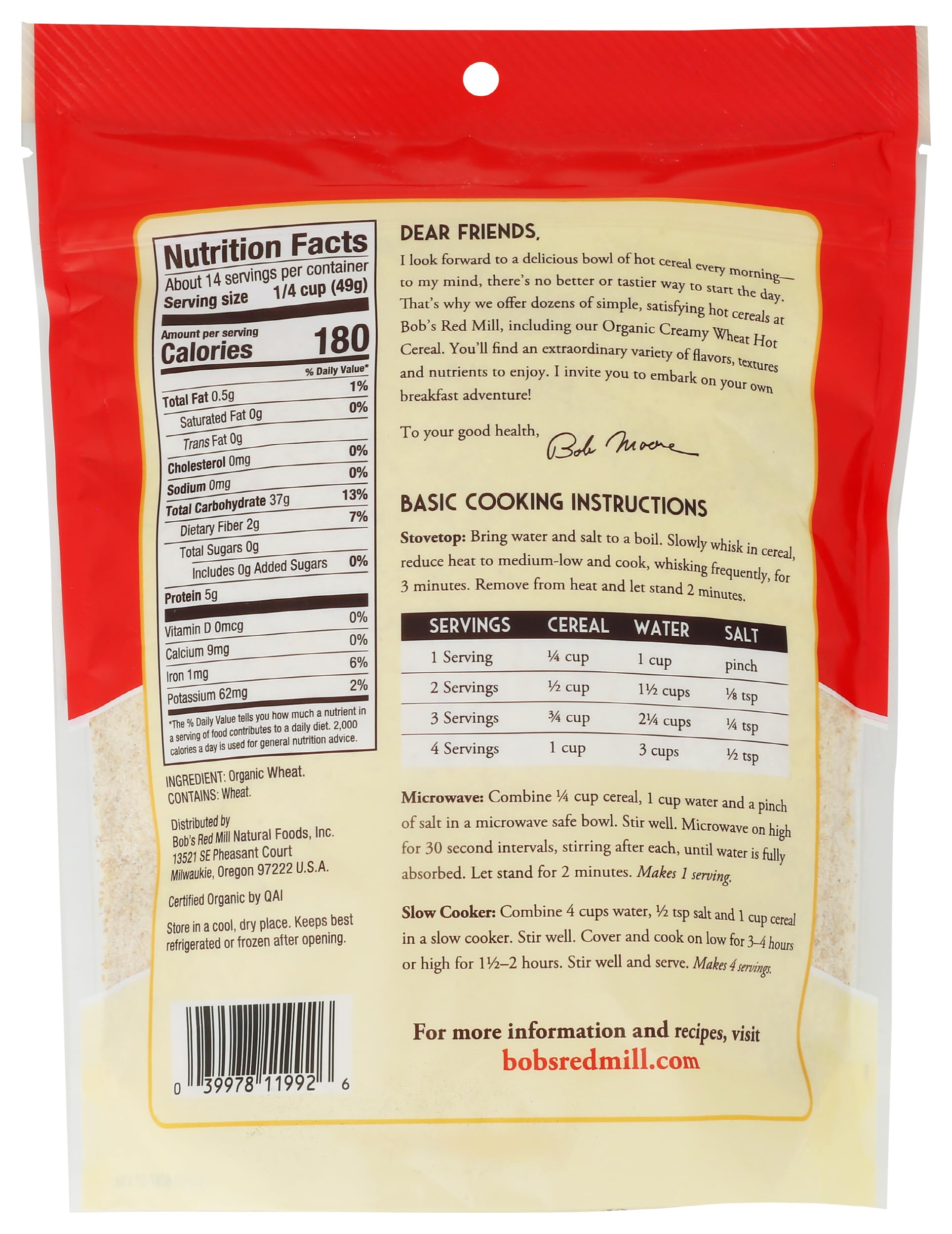Bob's Red Mill Organic Creamy Wheat Hot Cereal being poured with milk to show smooth texture